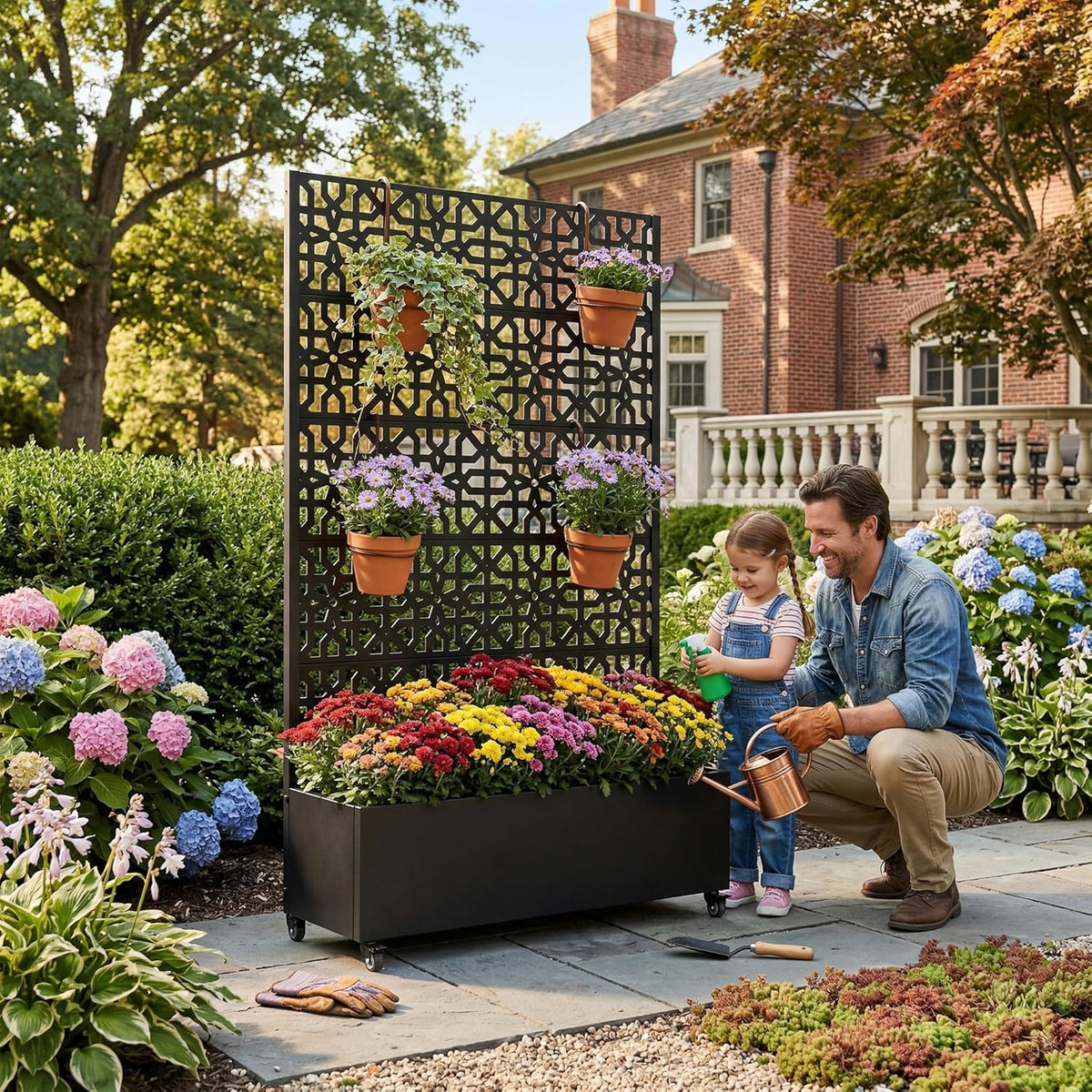 Casaphoria Metal Raised Garden Bed with Trellis and Wheels, 72"x47"x16" Planter Box for Climbing Plants, Vegetables & Vines, Features Drainage Holes and Privacy Screen (Black-Louver) - Colors B