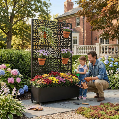 Casaphoria Metal Raised Garden Bed with Trellis and Wheels, 72"x47"x16" Planter Box for Climbing Plants, Vegetables & Vines, Features Drainage Holes and Privacy Screen (Black-Louver) - Colors B