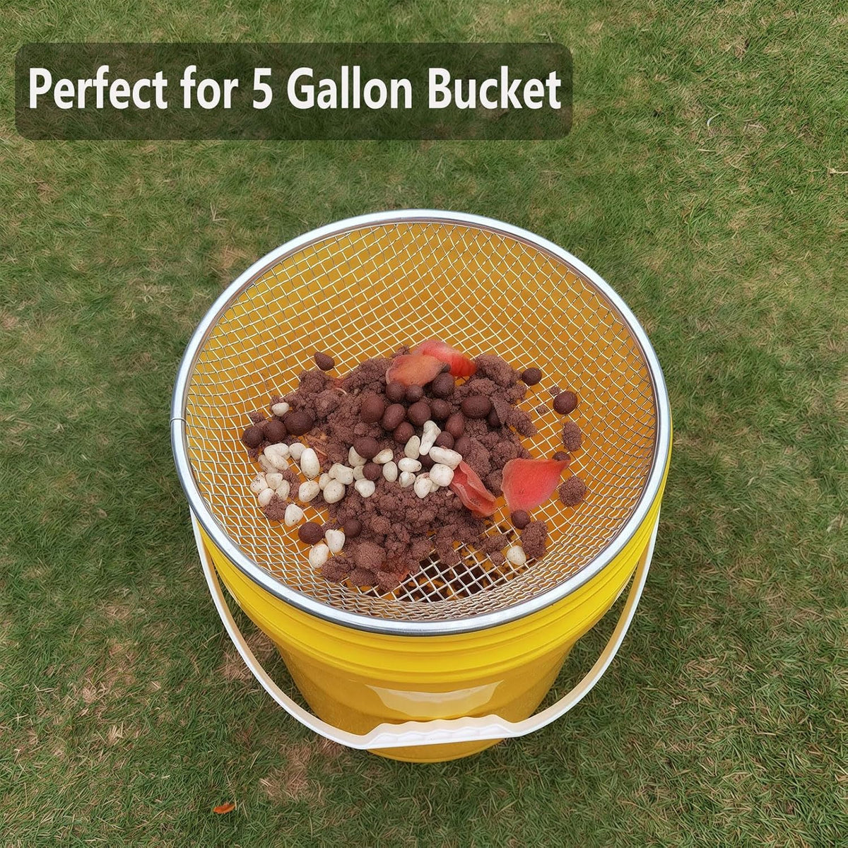 2PCS YUEBM Gardening Sand Soil Compost Sifter Perfect for 5 Gallon Bucket, 1/4 Inch Mesh, 1/8 Inch Mesh