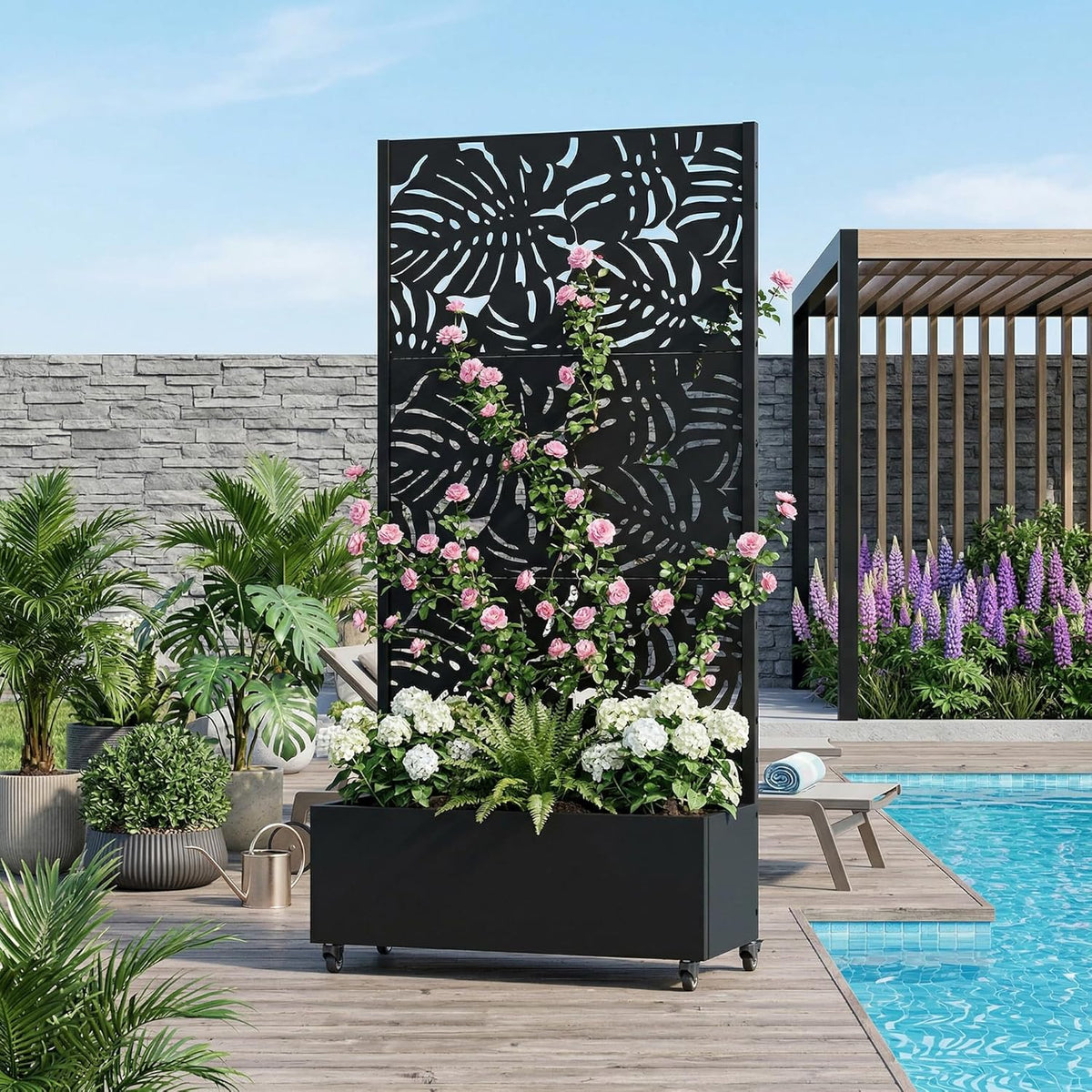 Casaphoria Metal Raised Garden Bed with Trellis and Wheels, 72"x47"x16" Planter Box for Climbing Plants, Vegetables & Vines, Features Drainage Holes and Privacy Screen (Black-Louver) - Colors B