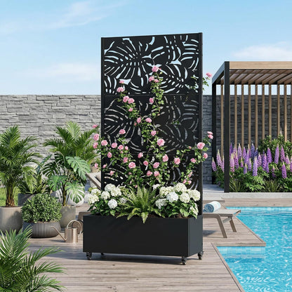 Casaphoria Metal Raised Garden Bed with Trellis and Wheels, 72"x47"x16" Planter Box for Climbing Plants, Vegetables & Vines, Features Drainage Holes and Privacy Screen (Black-Louver) - Colors B