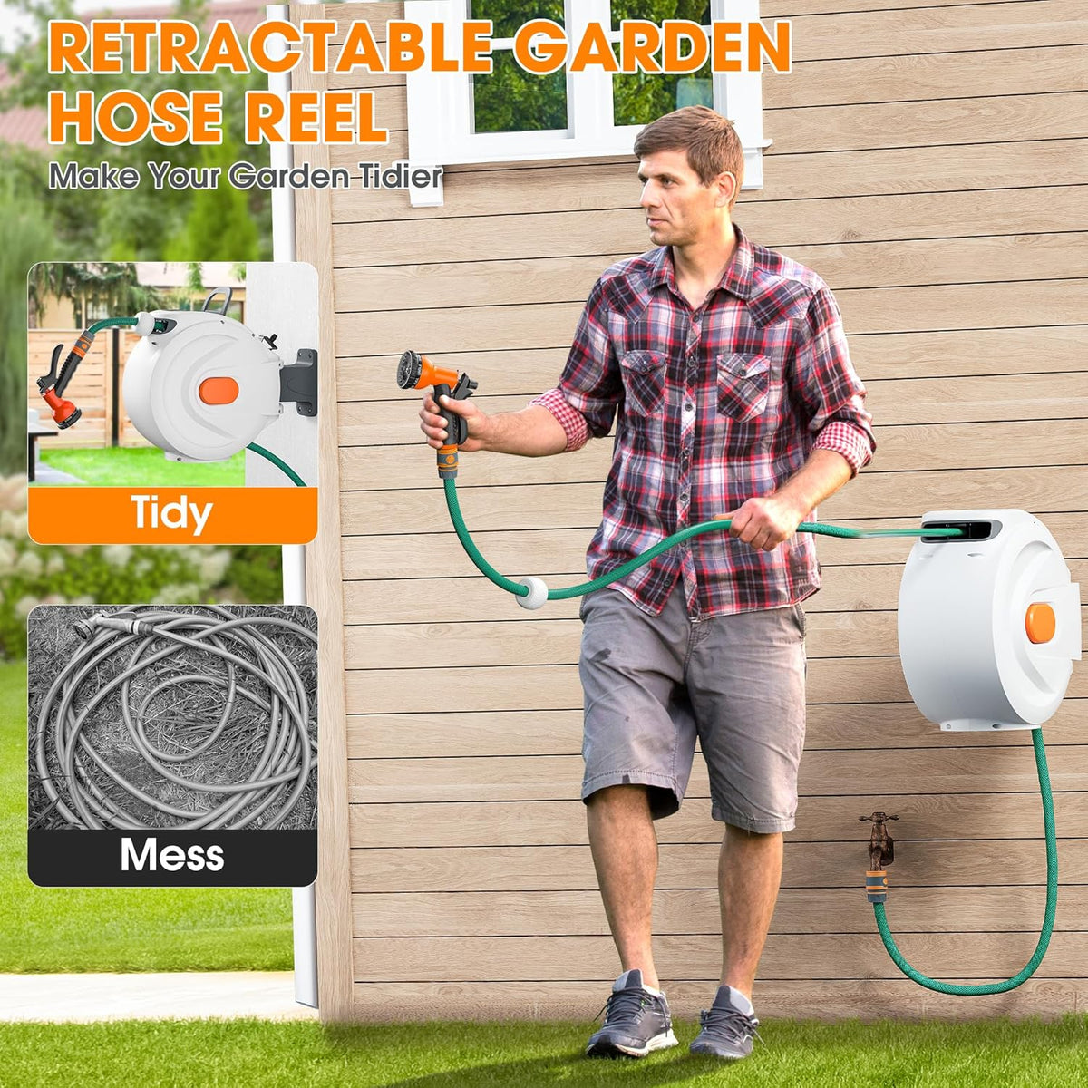 Fenbeli 50 FT Retractable Garden Hose Reel, Wall Mounted Auto Rewind, Any Length Lock, 10 Pattern Nozzle, 180° Swivel Bracket, Burst-Resistant Hose, Brass Fittings for Yard, Garden, Patio, Car Wash