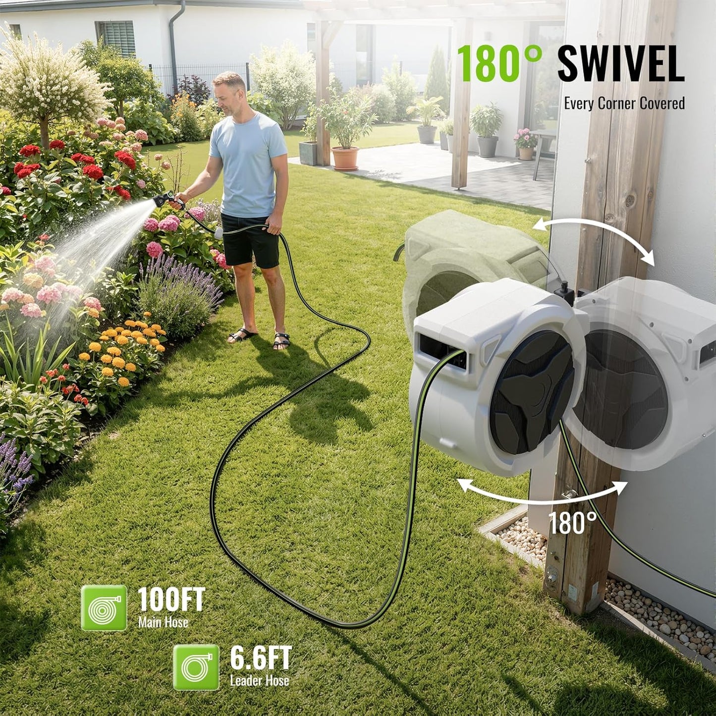 Retractable Garden Hose Reel 100ft x 1/2 in, Wall Mounted Garden Hose Reel with Auto Rewind, 180° Swivel Bracket, UV Resistant Water Hose Reel with 10 Spray Nozzle, Heavy Duty for Outside Use