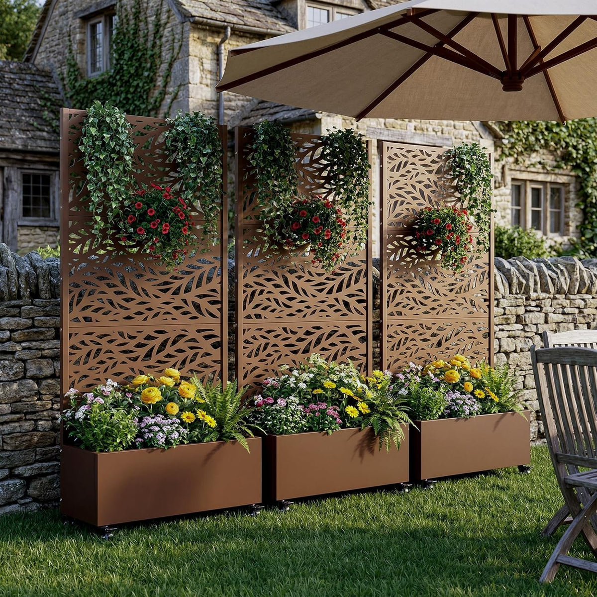 Casaphoria Metal Raised Garden Bed with Trellis and Wheels, 72"x47"x16" Planter Box for Climbing Plants, Vegetables & Vines, Features Drainage Holes and Privacy Screen (Black-Louver) - Colors C