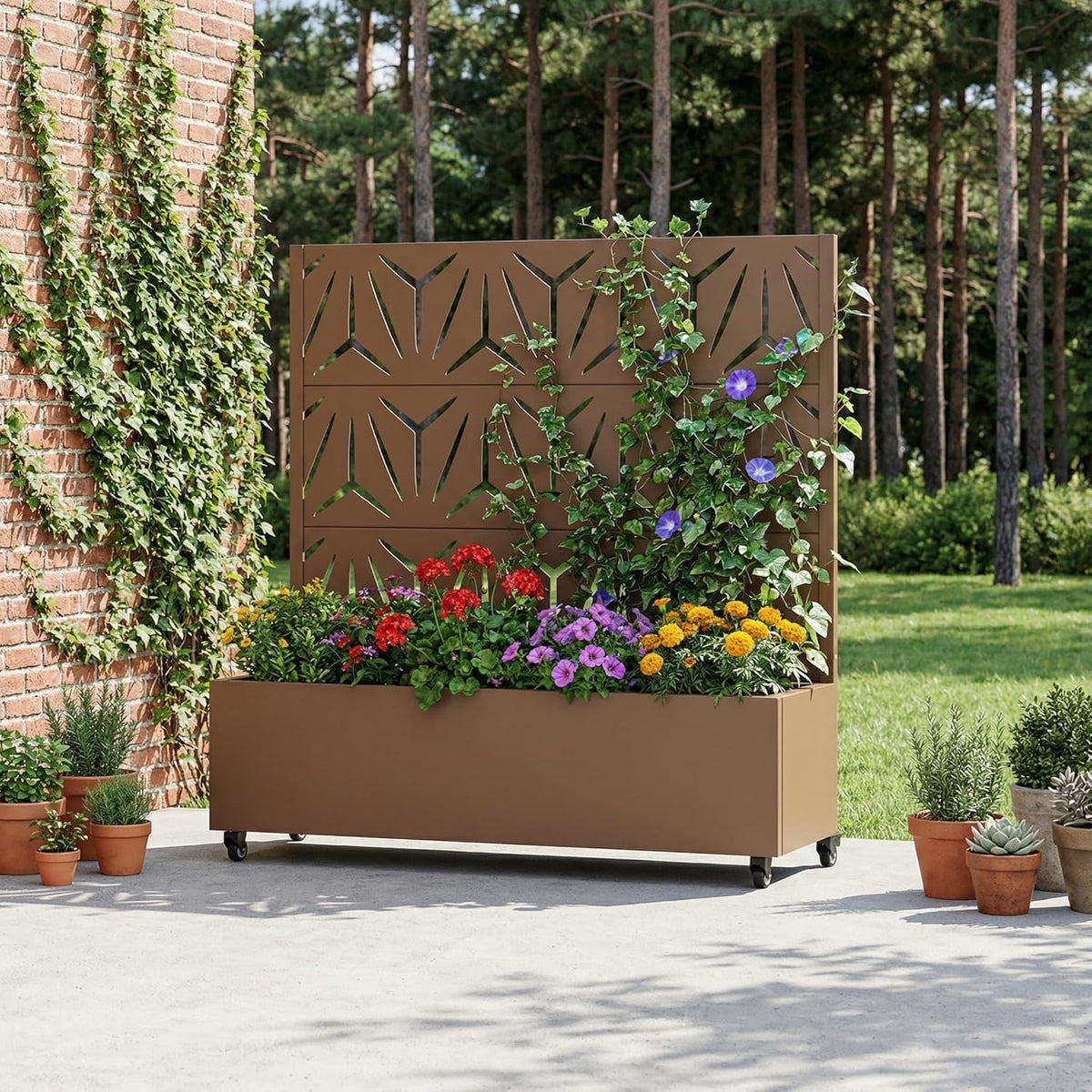 Casaphoria Metal Raised Garden Bed with Trellis and Wheels, 72"x47"x16" Planter Box for Climbing Plants, Vegetables & Vines, Features Drainage Holes and Privacy Screen (Black-Louver) - Colors B