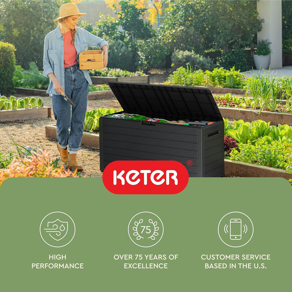 Keter Marvel Plus 71 Gallon Resin Outdoor Storage Box for Patio Furniture Cushions, Throw Pillows, Garden Tools and Pool Floats, Brown