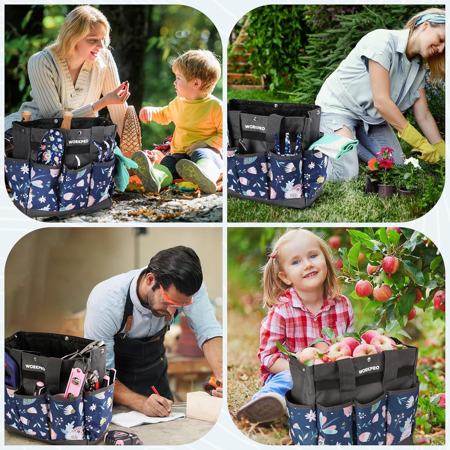 WORKPRO Garden Tool Bag, 9 Pockets Gardening Bag, Heavy Duty Oxford Garden Tote Caddy (Tools NOT Included), 12" x 12" x 6" (Floral White)