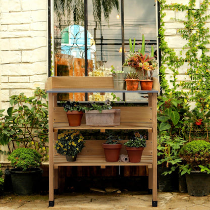 Topeakmart Potting Bench Table w/Metal Tabletop for Garden, Fir Wood Workstation w/3 Tier Shelves, Outdoor Work Bench w/Hook Natural Wood