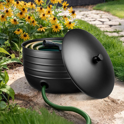 Monarch Abode Garden Hose Holder with Lid – Decorative Water Hose Holders for Outside, Border Embossed Metal Patina Pot with Drainage, 100ft Waterhose Holder for Outside, Garden Storage Caddy