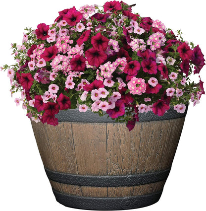 Classic Home and Garden Outdoor Whiskey Resin Flower Pot Barrel Planter, Walnut Brown, 15"