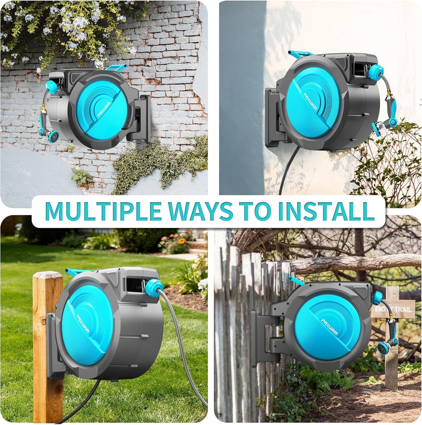 1/2" 150FT Retractable Garden Hose Reel, Wall Mounted Automatic Hose Reel with Upgraded 10 Pattern Nozzle/Any Length Lock/Slow Return System/180°Swivel Bracket, AquaBlue