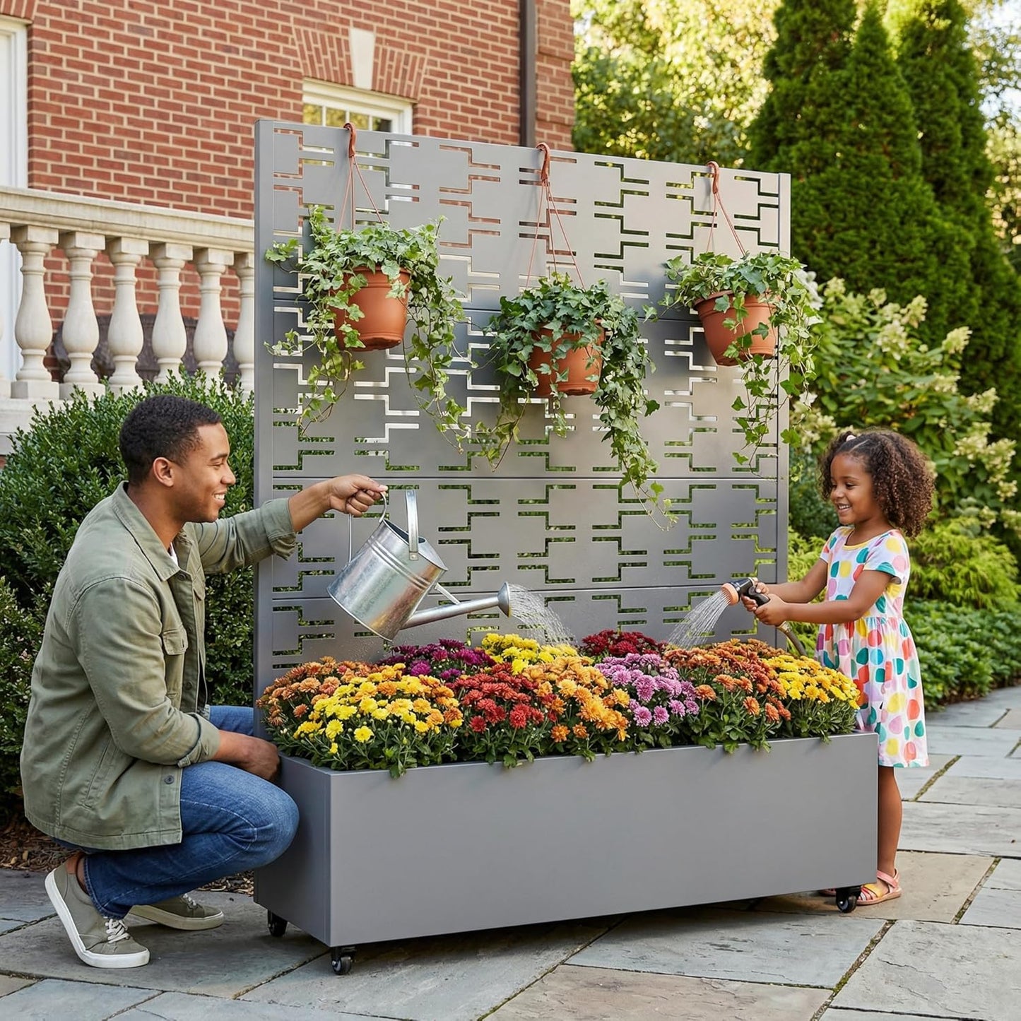 Casaphoria Metal Raised Garden Bed with Trellis and Wheels, 72"x47"x16" Planter Box for Climbing Plants, Vegetables & Vines, Features Drainage Holes and Privacy Screen (Black-Louver) - Colors C