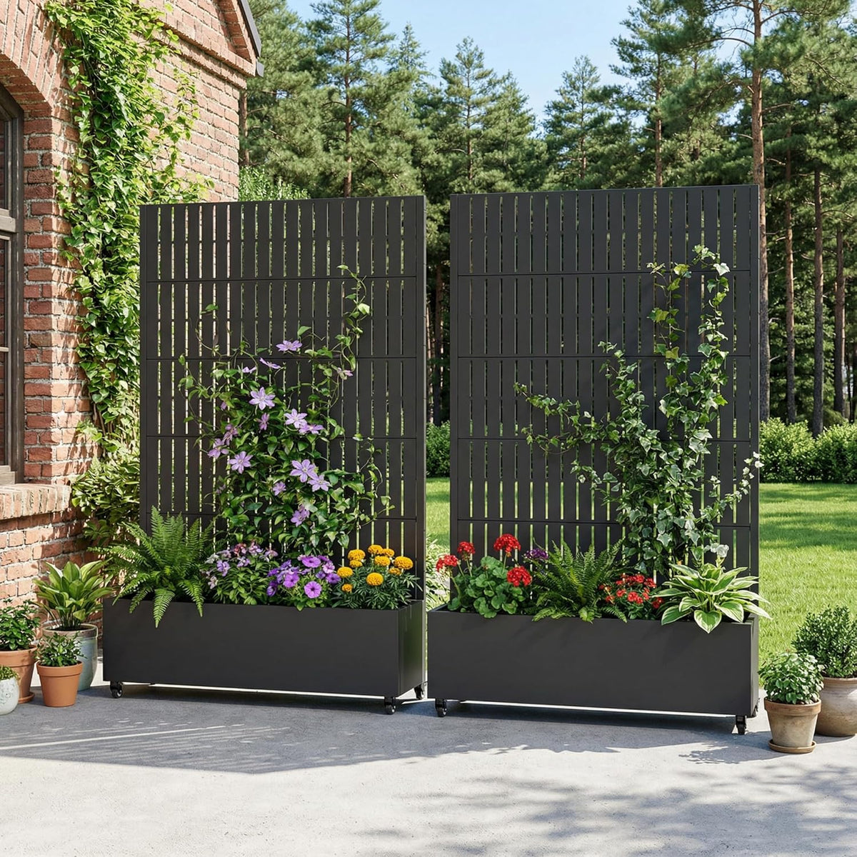 Casaphoria Metal Raised Garden Bed with Trellis and Wheels, 72"x47"x16" Planter Box for Climbing Plants, Vegetables & Vines, Features Drainage Holes and Privacy Screen (Black-Louver) - Colors D