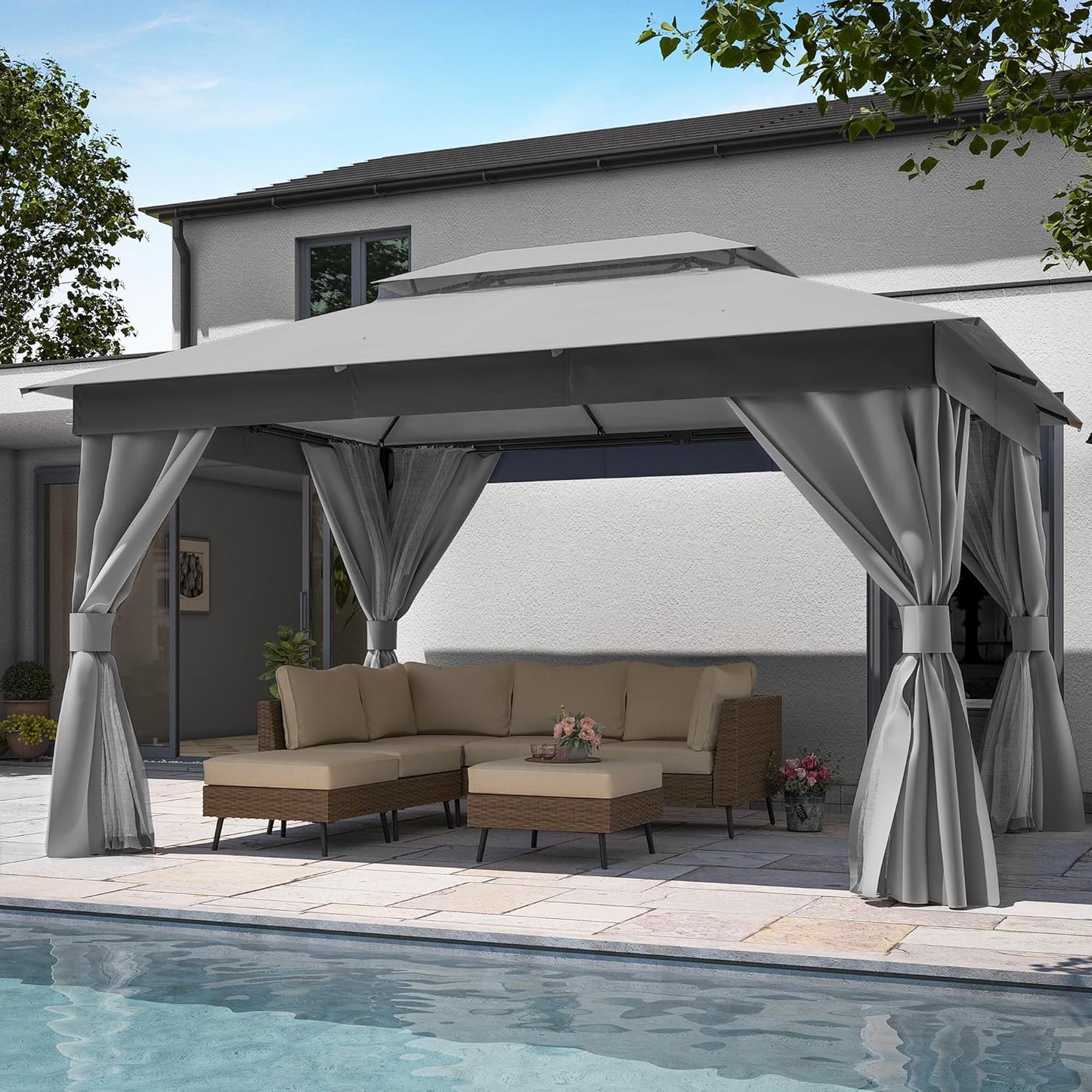10x20 Gazebo Canopy with 100FT String Lights, Metal Heavy Duty Patio Canopy Tent with Double Roofs, Mosquito Nettings and Privacy Screens for Backyard, Garden, Lawn, Gray
