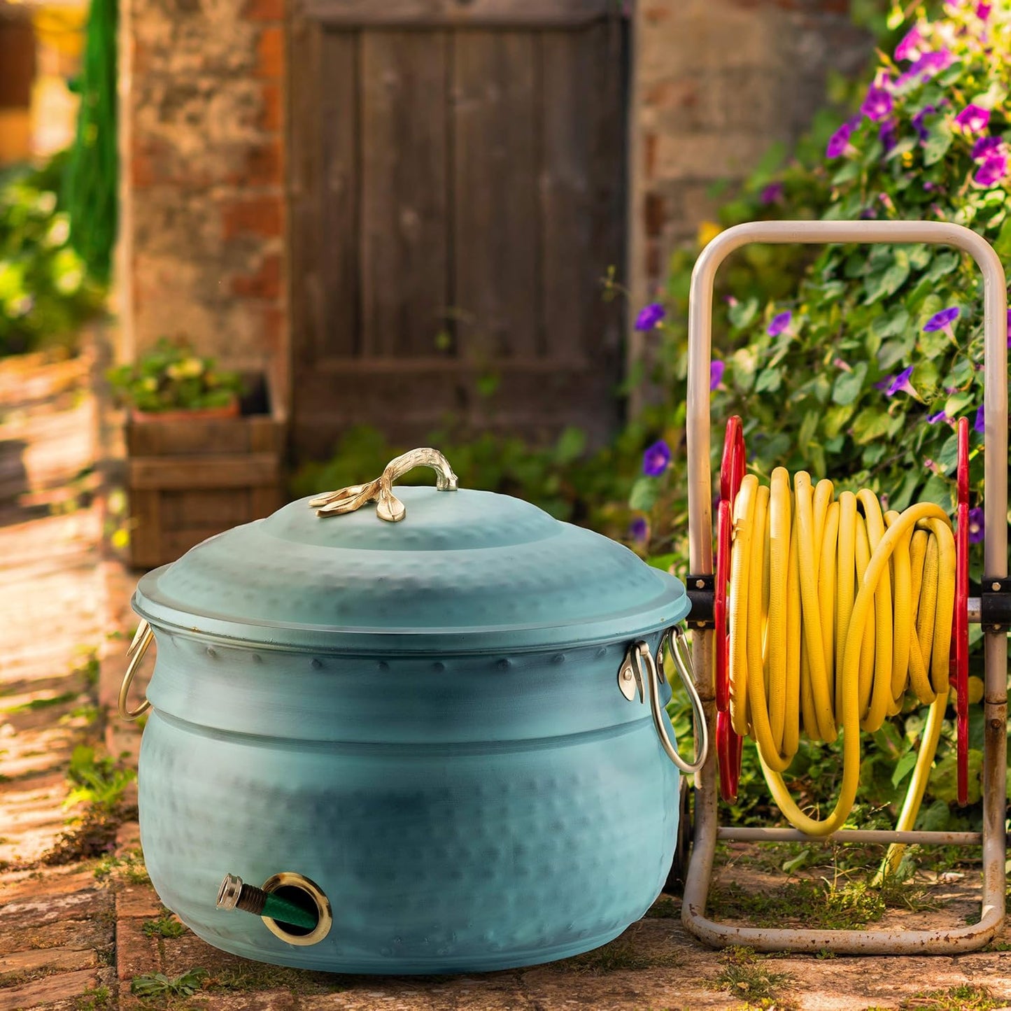 LifeSmart Decorative Garden Hose Storage Holder Pot with Lid | Expandable Water Hose Container 12 x16 inches | Heavy Duty Hose Hider | Holds 150 ft Hose Outdoor and Indoor Use