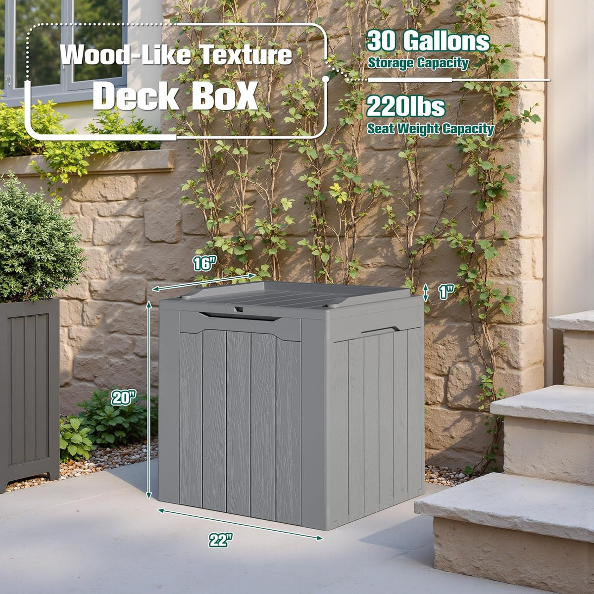 30 Gallon Resin Deck Box Waterproof Outdoor Storage Box for Patio Furniture Pool Accessories Indoor Storage for Cushion Garden Tools (30 Gallon, Black)