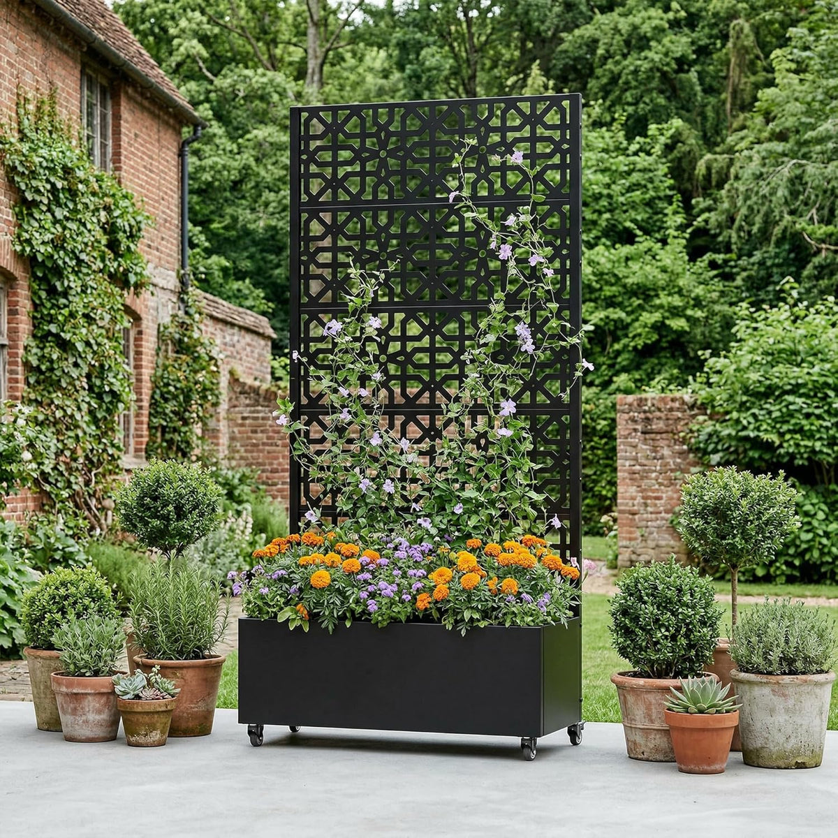 Casaphoria Metal Raised Garden Bed with Trellis and Wheels, 72"x47"x16" Planter Box for Climbing Plants, Vegetables & Vines, Features Drainage Holes and Privacy Screen (Black-Louver) - Colors B