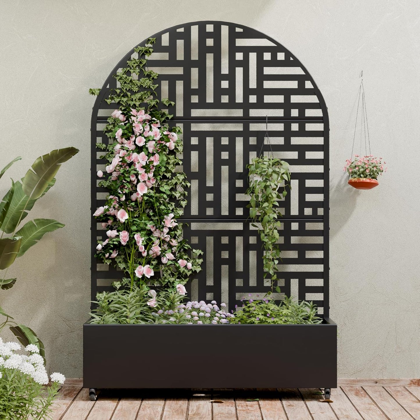 Casaphoria Metal Raised Garden Bed with Trellis and Wheels, 72"x47"x16" Planter Box for Climbing Plants, Vegetables & Vines, Features Drainage Holes and Privacy Screen (Black-Louver) - Colors D