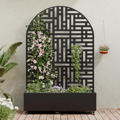 Casaphoria Metal Raised Garden Bed with Trellis and Wheels, 72"x47"x16" Planter Box for Climbing Plants, Vegetables & Vines, Features Drainage Holes and Privacy Screen (Black-Louver) - Colors D
