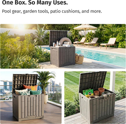 EAST OAK Outdoor Storage Box, 31 Gallon Deck Box Indoor and Outdoor Use, Waterproof Resin Storage Bin for Package Delivery, Patio Cushions, Gardening Tools, Lockable, UV Resistant, Grey
