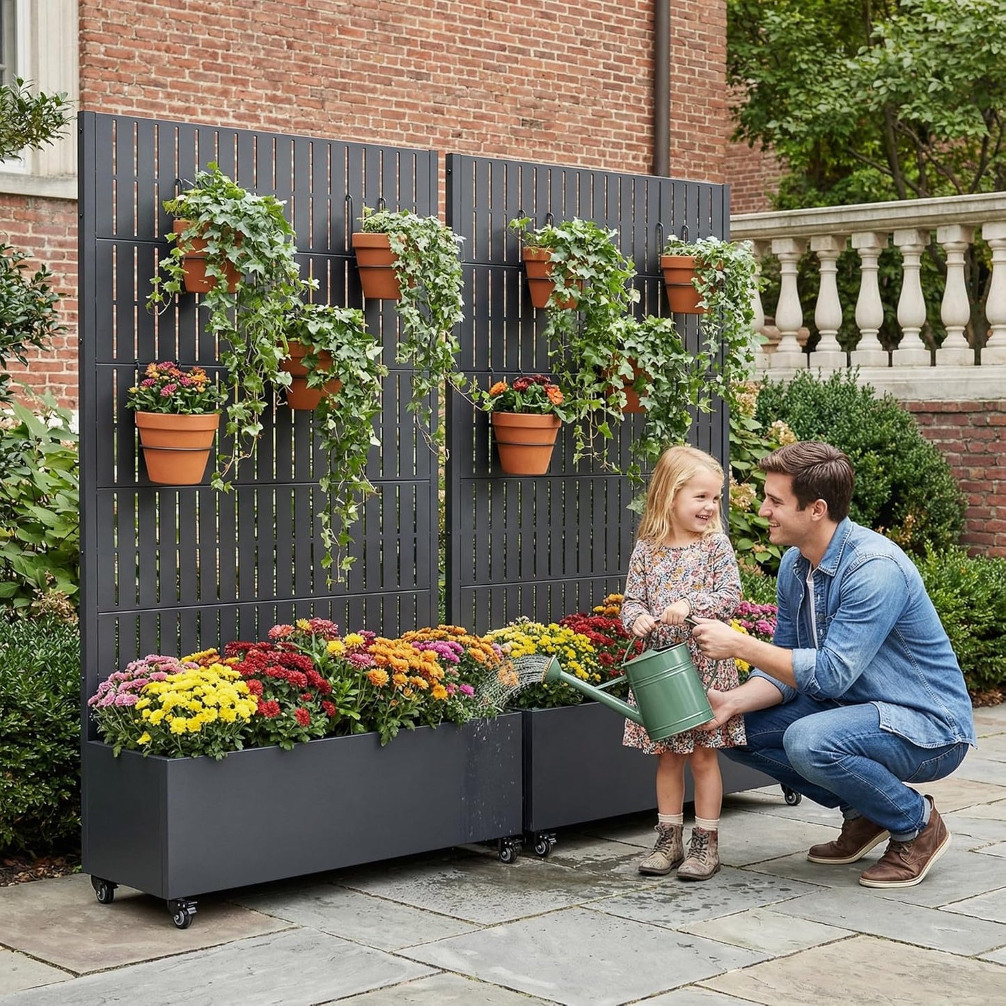 Casaphoria Metal Raised Garden Bed with Trellis and Wheels, 72"x47"x16" Planter Box for Climbing Plants, Vegetables & Vines, Features Drainage Holes and Privacy Screen (Black-Louver) - Colors D
