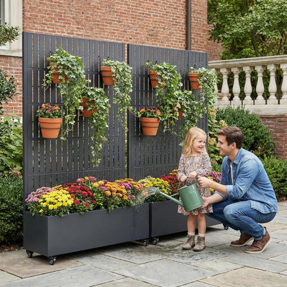 Casaphoria Metal Raised Garden Bed with Trellis and Wheels, 72"x47"x16" Planter Box for Climbing Plants, Vegetables & Vines, Features Drainage Holes and Privacy Screen (Black-Louver) - Colors D