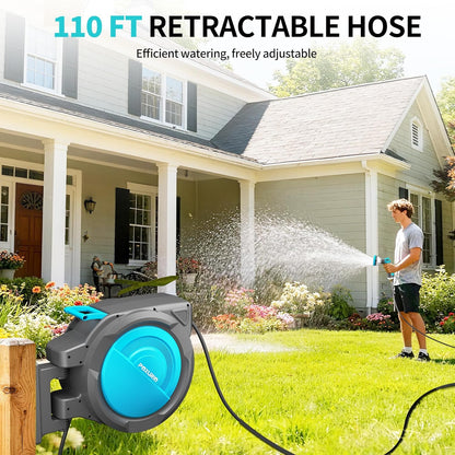 1/2" 150FT Retractable Garden Hose Reel, Wall Mounted Automatic Hose Reel with Upgraded 10 Pattern Nozzle/Any Length Lock/Slow Return System/180°Swivel Bracket, AquaBlue