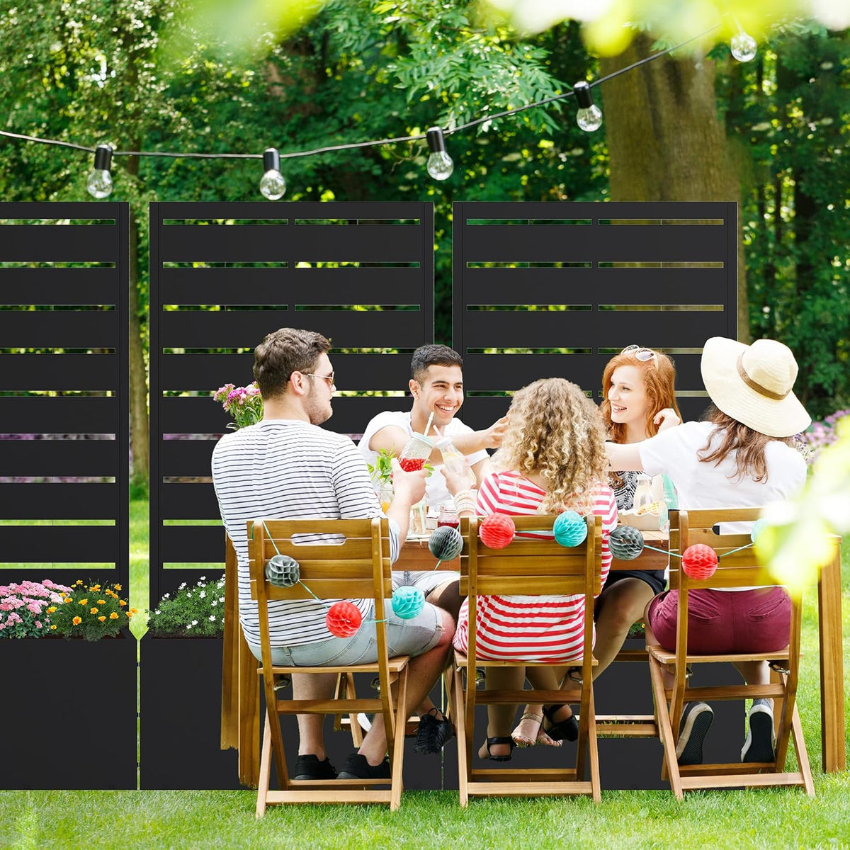 Casaphoria Metal Raised Garden Bed with Trellis and Wheels, 72"x47"x16" Planter Box for Climbing Plants, Vegetables & Vines, Features Drainage Holes and Privacy Screen (Black-Louver) - Colors D