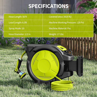 Fenbeli 50 FT Retractable Garden Hose Reel, Wall Mounted Auto Rewind, Any Length Lock, 10 Pattern Nozzle, 180° Swivel Bracket, Burst-Resistant Hose, Brass Fittings for Yard, Garden, Patio, Car Wash