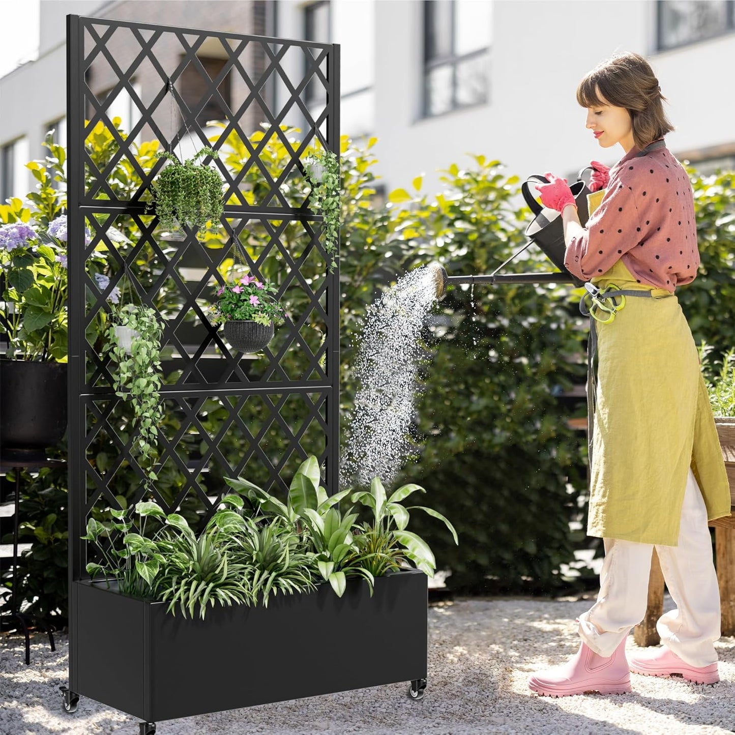 Casaphoria Metal Raised Garden Bed with Trellis and Wheels, 72"x47"x16" Planter Box for Climbing Plants, Vegetables & Vines, Features Drainage Holes and Privacy Screen (Black-Louver) - Colors D