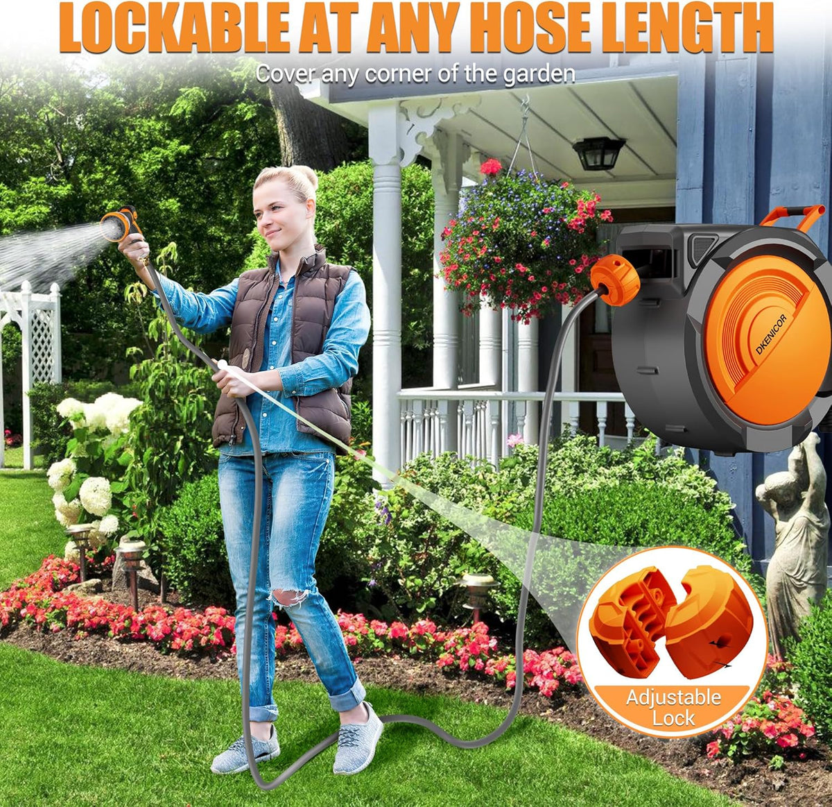 5/8" × 110 ft Retractable Hose Reel, Heavy Duty Retractable Garden Hose Reel Wall Mounted with 10-Pattern Hose Nozzle/Any Length Lock/Slow Return System/180°Swivel Bracket