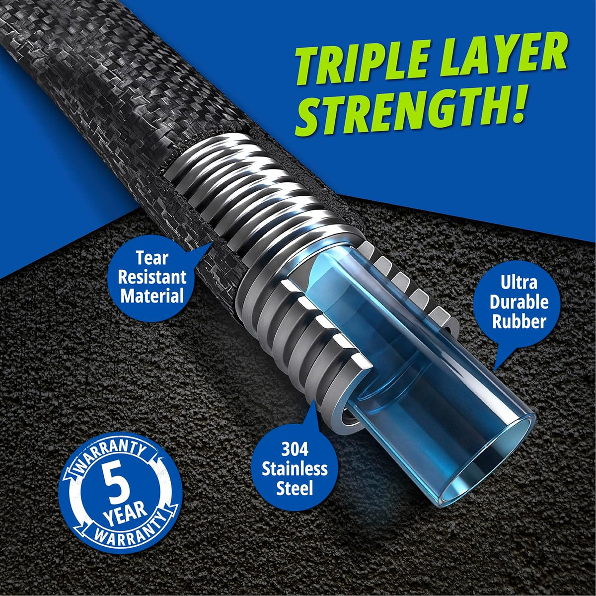 Hydrosteel 50 Ft Metal Garden Hose with Nozzle, Water Hose Made from Heavy Duty 304 Stainless Steel, Flexible, Lightweight, Crush Resistant Fittings, Non Kinking, 5/8” Diameter, 600 PSI