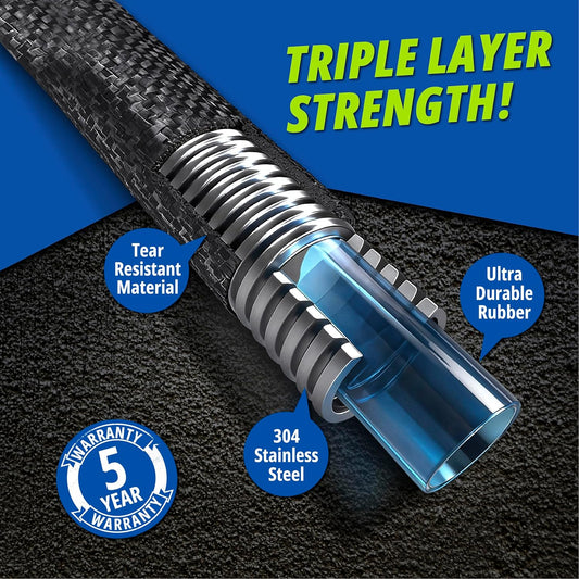 Hydrosteel 50 Ft Metal Garden Hose with Nozzle, Water Hose Made from Heavy Duty 304 Stainless Steel, Flexible, Lightweight, Crush Resistant Fittings, Non Kinking, 5/8” Diameter, 600 PSI