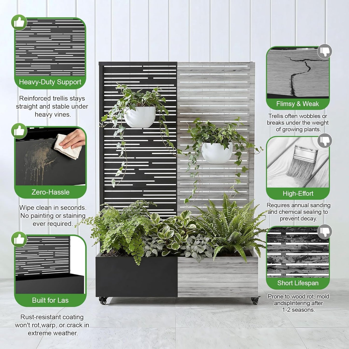 Casaphoria Metal Raised Garden Bed with Trellis and Wheels, 72"x47"x16" Planter Box for Climbing Plants, Vegetables & Vines, Features Drainage Holes and Privacy Screen (Black-Louver) - Colors B