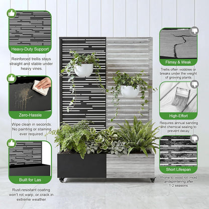 Casaphoria Metal Raised Garden Bed with Trellis and Wheels, 72"x47"x16" Planter Box for Climbing Plants, Vegetables & Vines, Features Drainage Holes and Privacy Screen (Black-Louver) - Colors B