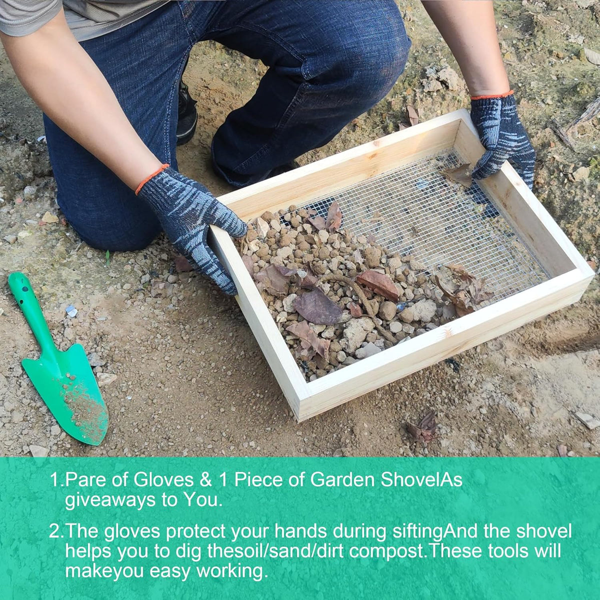 15.74" x 11.81" Soil Sifter - Steel Wire Mesh & Natural Wood Dirt Sifter for Gardening - Compost, Rock, & Dirt Sifter Tool with Gloves and Trowel- Essential Garden Tool for Flower & Vegetable Planting
