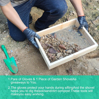 15.74" x 11.81" Soil Sifter - Steel Wire Mesh & Natural Wood Dirt Sifter for Gardening - Compost, Rock, & Dirt Sifter Tool with Gloves and Trowel- Essential Garden Tool for Flower & Vegetable Planting