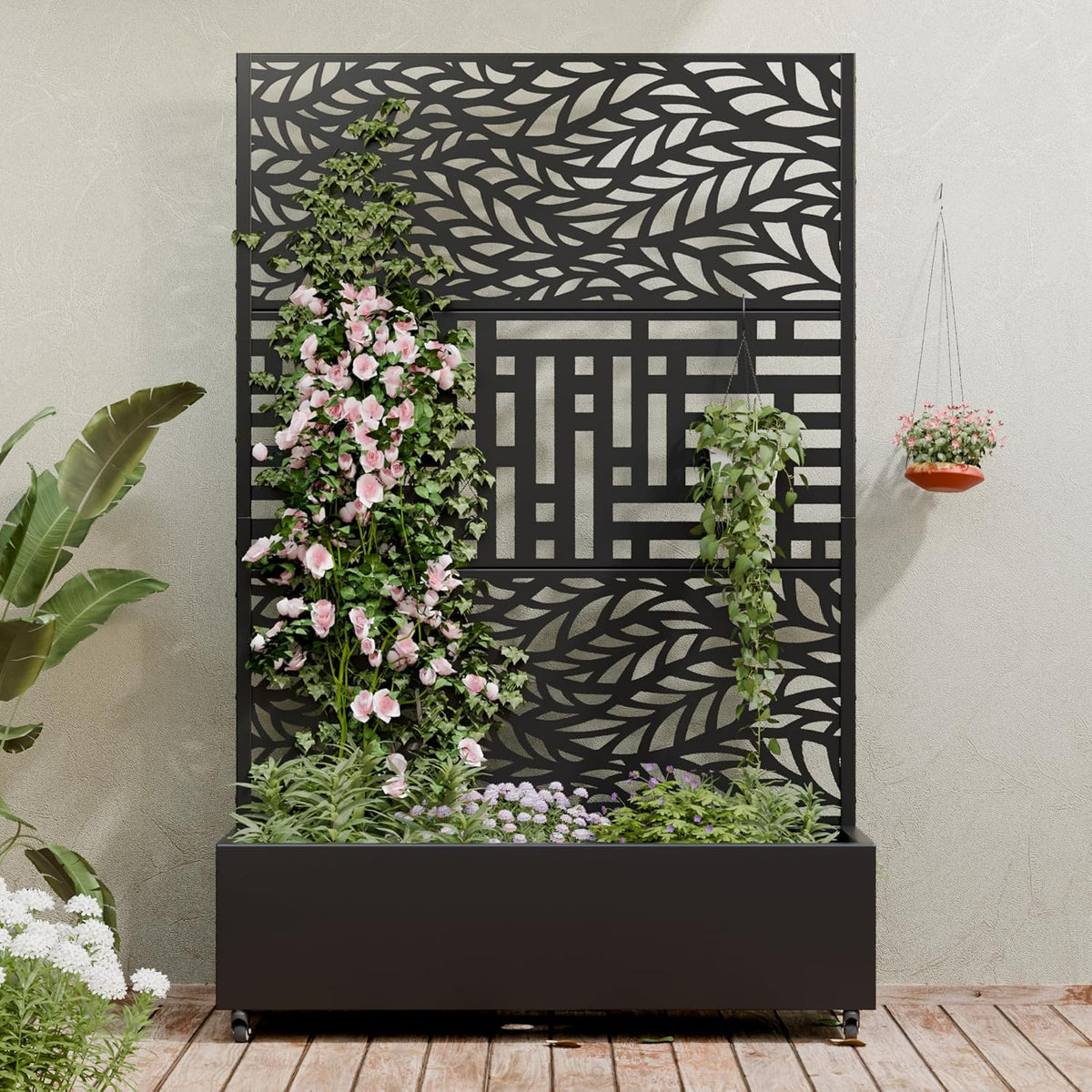 Casaphoria Metal Raised Garden Bed with Trellis and Wheels, 72"x47"x16" Planter Box for Climbing Plants, Vegetables & Vines, Features Drainage Holes and Privacy Screen (Black-Louver) - Colors C