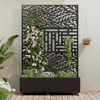 Casaphoria Metal Raised Garden Bed with Trellis and Wheels, 72"x47"x16" Planter Box for Climbing Plants, Vegetables & Vines, Features Drainage Holes and Privacy Screen (Black-Louver) - Colors C