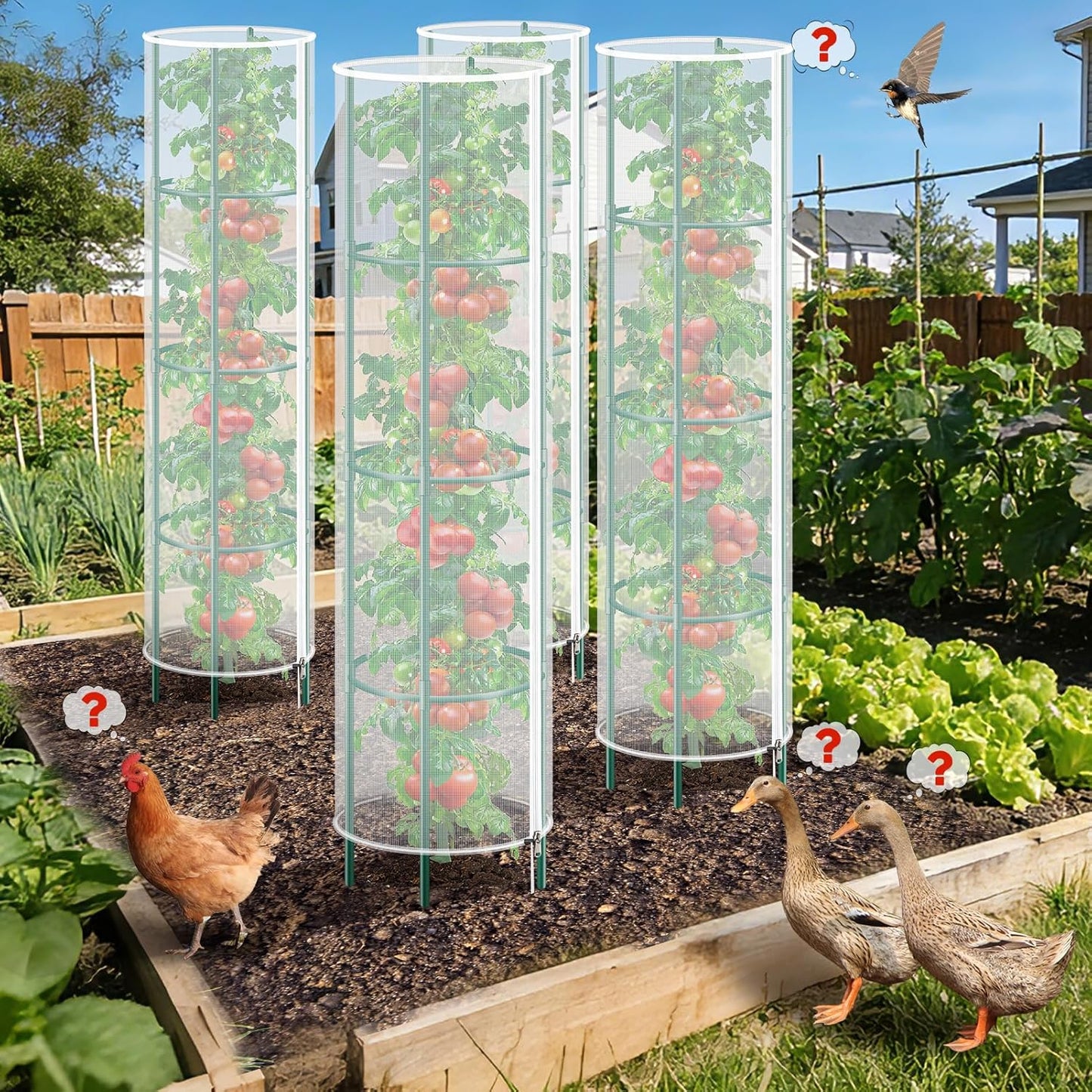 3 Pack Garden Bird Netting Plant Cover for Round Tomato Cage, 61"x13" Insect Bird Barrier Tomato Cage Net with Zipper & Drawstring, Tomato Trellis Netting Protection Cover for Protecting Plants
