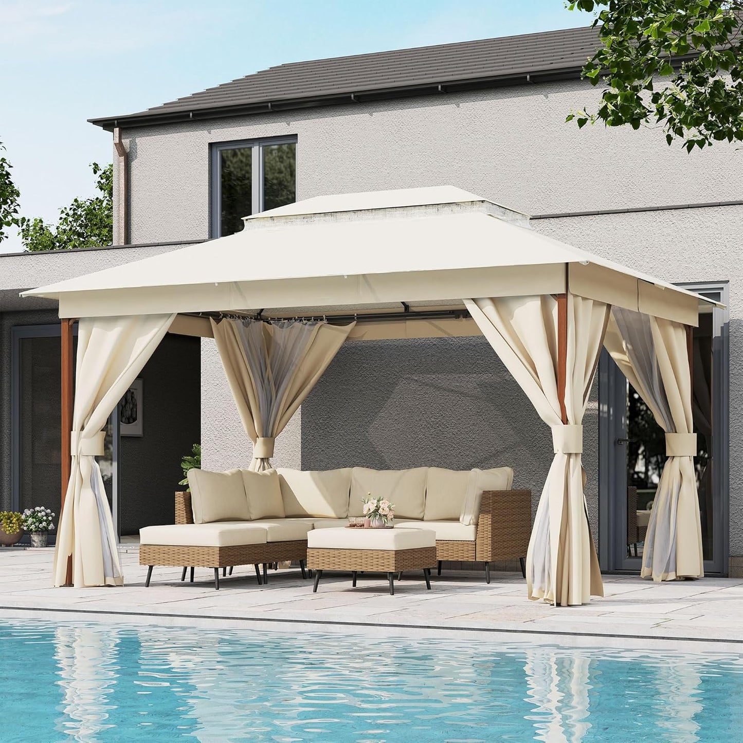 10x20 Gazebo Canopy with 100FT String Lights, Metal Heavy Duty Patio Canopy Tent with Double Roofs, Mosquito Nettings and Privacy Screens for Backyard, Garden, Lawn, Gray