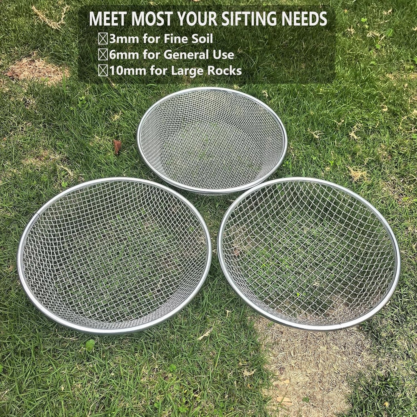 2PCS YUEBM Gardening Sand Soil Compost Sifter Perfect for 5 Gallon Bucket, 1/4 Inch Mesh, 1/8 Inch Mesh