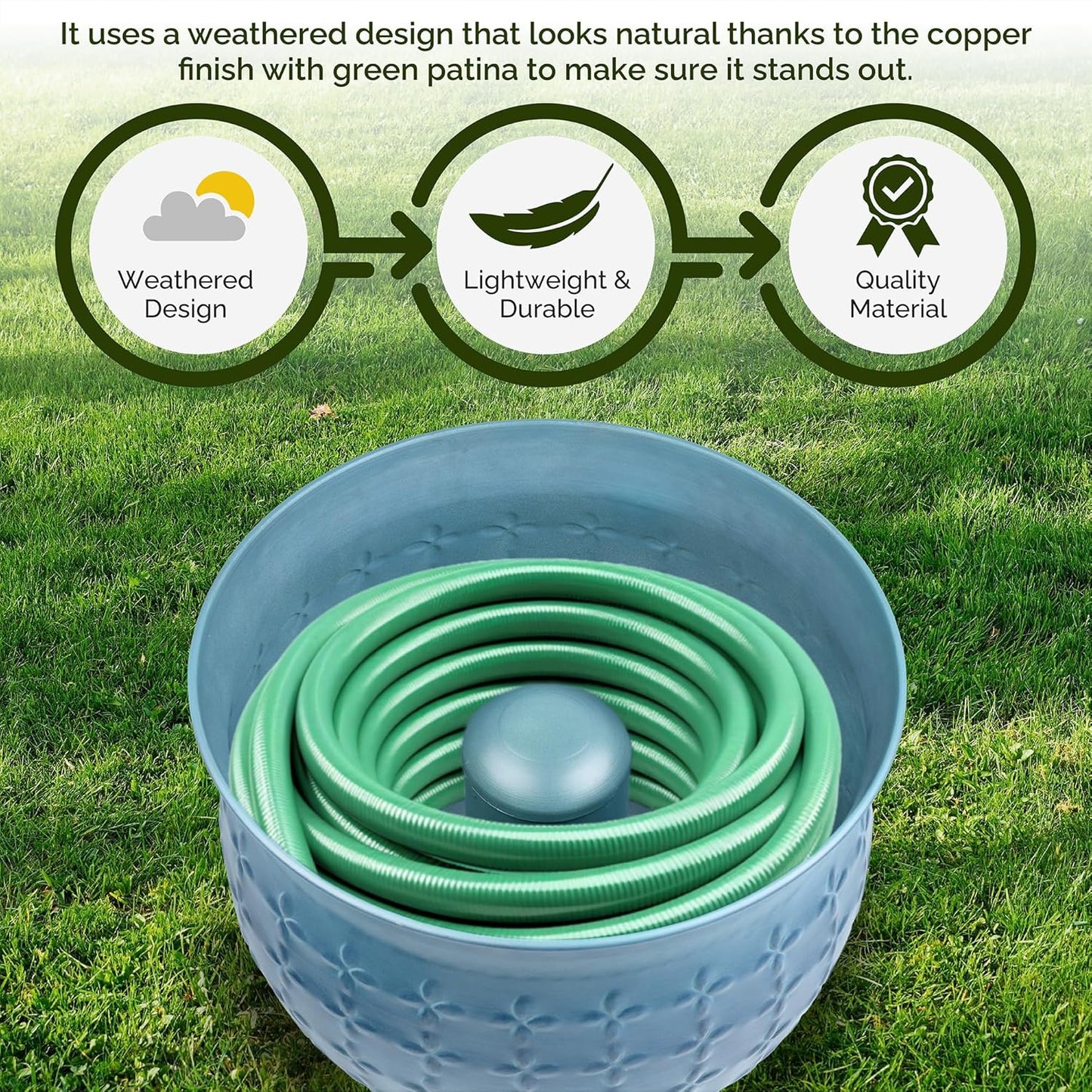 LifeSmart Garden Hose Storage Holder Pot with LId Antique Light Green Lattice Steel | Expandable Water Hose Container 17 x 11.5” Hold up to 125 ft Outdoor or Indoor Use