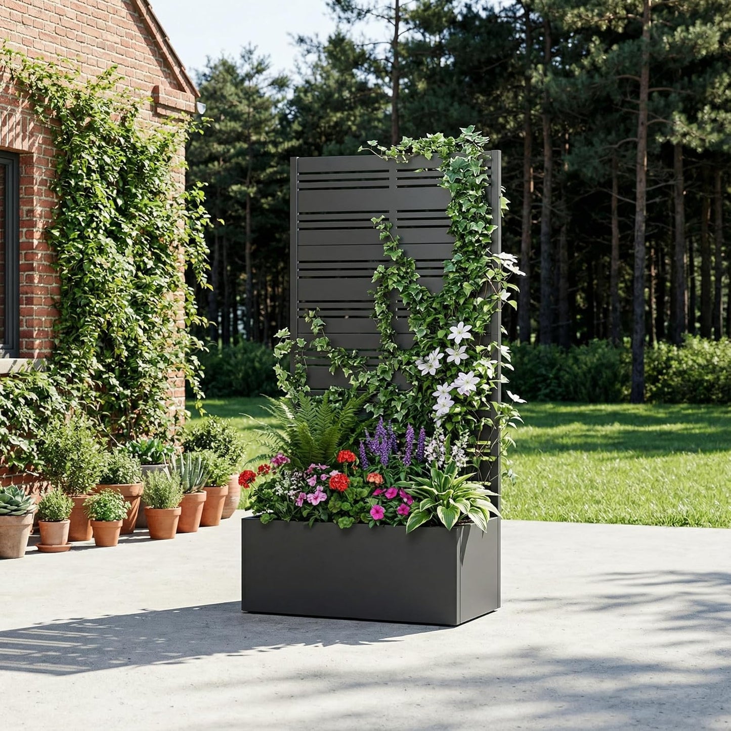 Casaphoria Metal Raised Garden Bed with Trellis and Wheels, 72"x47"x16" Planter Box for Climbing Plants, Vegetables & Vines, Features Drainage Holes and Privacy Screen (Black-Louver) - Colors D