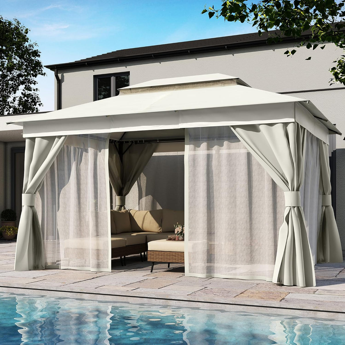 10x20 Gazebo Canopy with 100FT String Lights, Metal Heavy Duty Patio Canopy Tent with Double Roofs, Mosquito Nettings and Privacy Screens for Backyard, Garden, Lawn, Gray