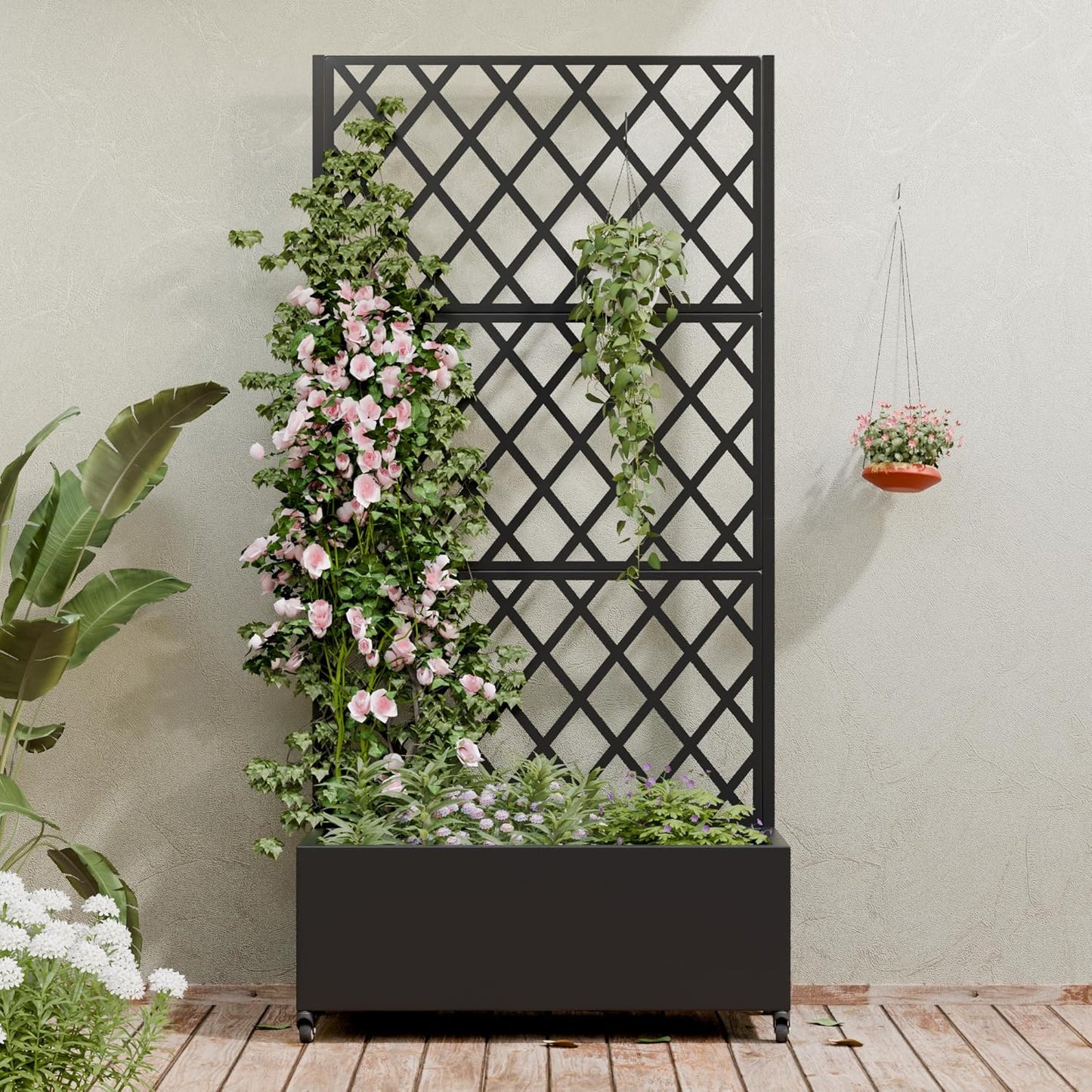 Casaphoria Metal Raised Garden Bed with Trellis and Wheels, 72"x47"x16" Planter Box for Climbing Plants, Vegetables & Vines, Features Drainage Holes and Privacy Screen (Black-Louver) - Colors D