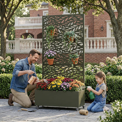 Casaphoria Metal Raised Garden Bed with Trellis and Wheels, 72"x47"x16" Planter Box for Climbing Plants, Vegetables & Vines, Features Drainage Holes and Privacy Screen (Black-Louver) - Colors D