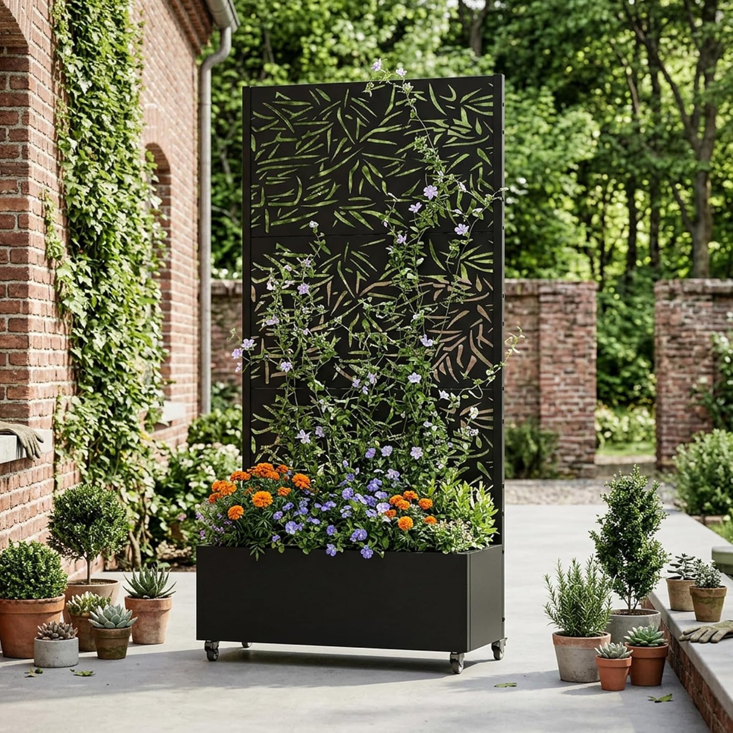 Casaphoria Metal Raised Garden Bed with Trellis and Wheels, 72"x47"x16" Planter Box for Climbing Plants, Vegetables & Vines, Features Drainage Holes and Privacy Screen (Black-Louver) - Colors A