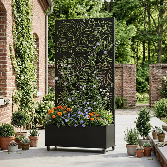 Casaphoria Metal Raised Garden Bed with Trellis and Wheels, 72"x47"x16" Planter Box for Climbing Plants, Vegetables & Vines, Features Drainage Holes and Privacy Screen (Black-Louver) - Colors A