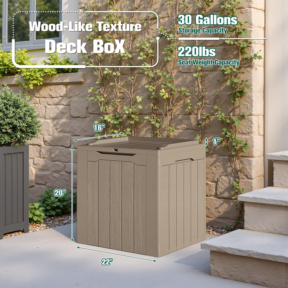 30 Gallon Resin Deck Box Waterproof Outdoor Storage Box for Patio Furniture Pool Accessories Indoor Storage for Cushion Garden Tools (30 Gallon, Black)